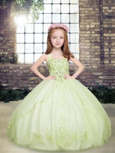 High End Yellow Green Tulle Lace Up Straps Sleeveless Floor Length Little Girl Pageant Dress Beading