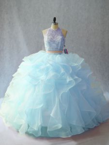 Customized Light Blue Organza Backless Quinceanera Gowns Sleeveless Brush Train Beading and Ruffles
