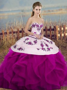 Pretty Fuchsia Tulle Lace Up Sweetheart Sleeveless Floor Length Vestidos de Quinceanera Embroidery and Ruffles and Bowkn