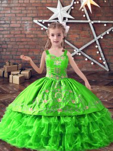 Luxurious Straps Sleeveless Child Pageant Dress Floor Length Embroidery and Ruffled Layers Satin and Organza