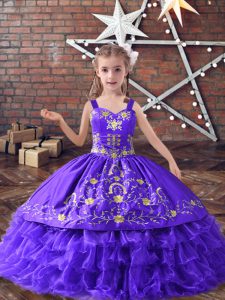 Perfect Sleeveless Satin and Organza Floor Length Lace Up Little Girls Pageant Gowns in Lavender with Embroidery and Ruf