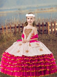 Straps Sleeveless Organza Pageant Gowns For Girls Beading and Embroidery and Ruffled Layers Lace Up