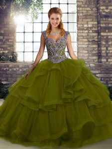 Olive Green Ball Gowns Straps Sleeveless Tulle Floor Length Lace Up Beading and Ruffles Ball Gown Prom Dress