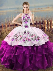 Pink And White Lace Up Halter Top Embroidery and Ruffles Sweet 16 Quinceanera Dress Organza Sleeveless