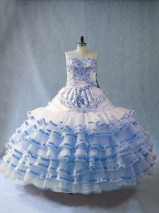 Charming Floor Length Lace Up Quinceanera Gowns Blue And White for Sweet 16 and Quinceanera with Embroidery and Ruffled 