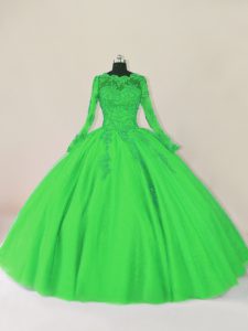 Green Tulle Zipper Quinceanera Dresses Long Sleeves Floor Length Lace