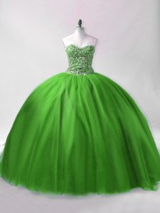 Green Tulle Lace Up Ball Gown Prom Dress Sleeveless Floor Length Beading