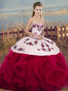 Floor Length Lace Up 15 Quinceanera Dress White And Red for Military Ball and Sweet 16 and Quinceanera with Embroidery a