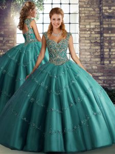 Glittering Beading and Appliques Vestidos de Quinceanera Teal Lace Up Sleeveless Floor Length