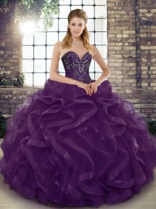 Great Dark Purple Lace Up Sweet 16 Dresses Beading and Ruffles Sleeveless Floor Length