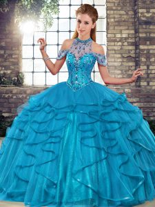 Exceptional Blue Tulle Lace Up Halter Top Sleeveless Floor Length Quinceanera Dresses Beading and Ruffles
