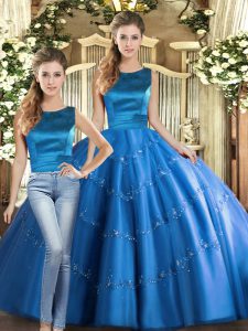 Decent Scoop Sleeveless Lace Up Sweet 16 Quinceanera Dress Blue Tulle