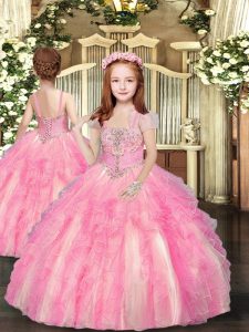 Beauteous Baby Pink Straps Neckline Beading and Ruffles Little Girls Pageant Dress Sleeveless Lace Up