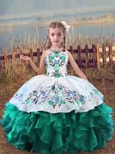 Fashionable Ball Gowns Little Girl Pageant Dress Turquoise Scoop Organza Sleeveless Floor Length Lace Up