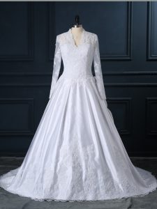Pretty V-neck Long Sleeves Wedding Gown Brush Train Lace White Tulle