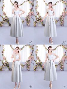 Empire Bridesmaids Dress Silver Straps Satin Sleeveless Tea Length Lace Up