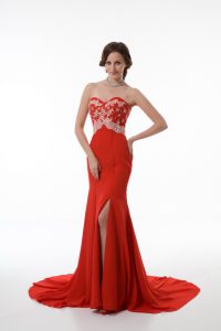 Zipper Prom Dresses Red for Prom and Party and Military Ball with Beading and Appliques Brush Train