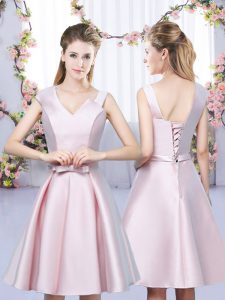 Classical Baby Pink Asymmetric Lace Up Bowknot Bridesmaid Gown Sleeveless