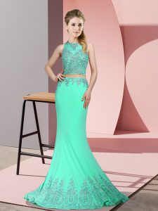 Elegant Apple Green Sleeveless Beading and Appliques Zipper Prom Gown