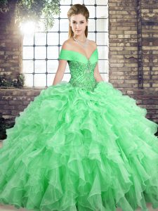 Fashionable Brush Train Ball Gowns Quince Ball Gowns Apple Green Off The Shoulder Organza Sleeveless Lace Up