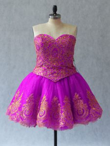 Vintage Sweetheart Sleeveless Prom Dress Mini Length Appliques and Embroidery Fuchsia Tulle