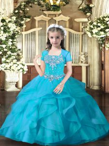 Dazzling Sleeveless Tulle Floor Length Lace Up Winning Pageant Gowns in Aqua Blue with Beading and Ruffles