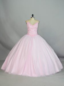 Glamorous Baby Pink Sleeveless Tulle Lace Up 15 Quinceanera Dress for Sweet 16 and Quinceanera