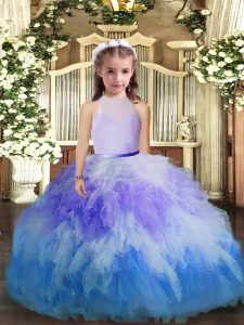 Gorgeous Multi-color Ball Gowns High-neck Sleeveless Tulle Floor Length Backless Ruffles Little Girl Pageant Dress