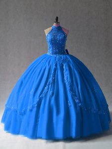 New Style Royal Blue Side Zipper Halter Top Beading and Appliques 15 Quinceanera Dress Tulle Sleeveless