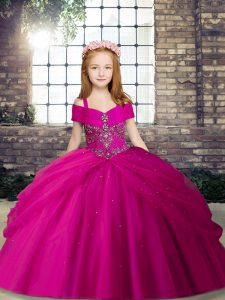 Fuchsia Straps Lace Up Beading Little Girl Pageant Gowns Sleeveless