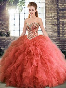 Designer Coral Red Lace Up Sweetheart Beading and Ruffles Sweet 16 Dresses Tulle Sleeveless