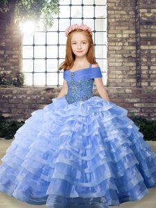 Graceful Blue Ball Gowns Straps Sleeveless Organza Brush Train Lace Up Beading and Ruffled Layers Girls Pageant Dresses