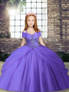 High Quality Tulle Spaghetti Straps Sleeveless Lace Up Beading Pageant Gowns in Lavender