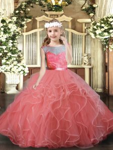 Custom Design Ball Gowns Pageant Dress for Teens Watermelon Red Scoop Tulle Sleeveless Floor Length Backless