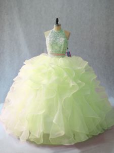 Yellow Green Quinceanera Dress Sweet 16 and Quinceanera with Beading and Ruffles Halter Top Sleeveless Brush Train Backl