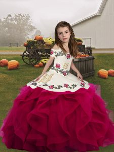 Embroidery and Ruffles Pageant Gowns For Girls Fuchsia Lace Up Sleeveless Floor Length