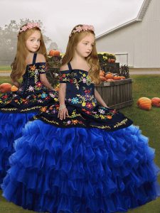 Floor Length Royal Blue Child Pageant Dress Organza Sleeveless Embroidery
