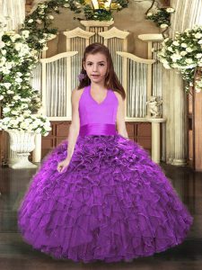 Elegant Eggplant Purple and Purple Halter Top Lace Up Ruffles Pageant Dress Womens Sleeveless