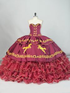Elegant Burgundy Ball Gown Prom Dress Sweetheart Sleeveless Brush Train Lace Up
