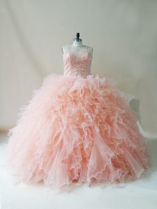 Ball Gowns Sweet 16 Dress Peach Scoop Tulle Sleeveless Floor Length Lace Up
