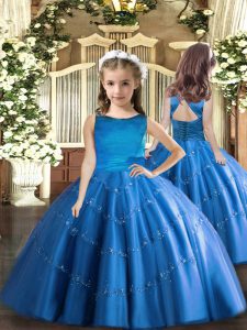 High Quality Blue Lace Up Girls Pageant Dresses Beading Sleeveless Floor Length