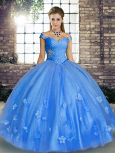 Fashionable Tulle Off The Shoulder Sleeveless Lace Up Beading and Appliques Quinceanera Gowns in Baby Blue