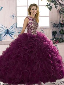 Floor Length Dark Purple Quinceanera Gown Organza Sleeveless Beading and Ruffles