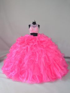 Hot Pink Zipper Sweet 16 Dress Beading and Ruffles Sleeveless Court Train