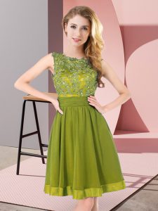 Sexy Olive Green Empire Chiffon Scoop Sleeveless Beading and Appliques Mini Length Backless Bridesmaid Gown