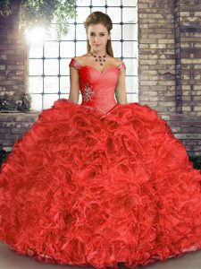 Discount Coral Red Ball Gowns Organza Off The Shoulder Sleeveless Beading and Ruffles Floor Length Lace Up Sweet 16 Quin