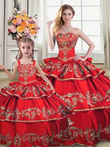 Low Price Red Sweetheart Lace Up Embroidery and Ruffled Layers Quinceanera Dresses Sleeveless