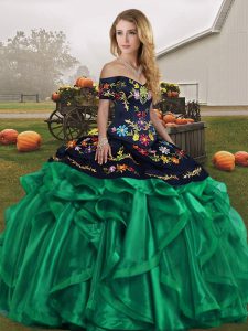 Green Lace Up Quinceanera Dresses Embroidery and Ruffles Sleeveless Floor Length