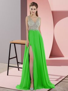 Fabulous Green Prom Gown V-neck Sleeveless Sweep Train Zipper
