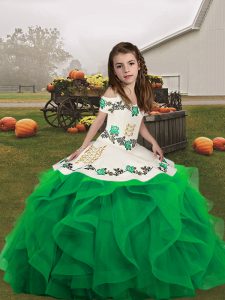 Floor Length Lace Up Kids Formal Wear Green and In with Embroidery and Ruffles